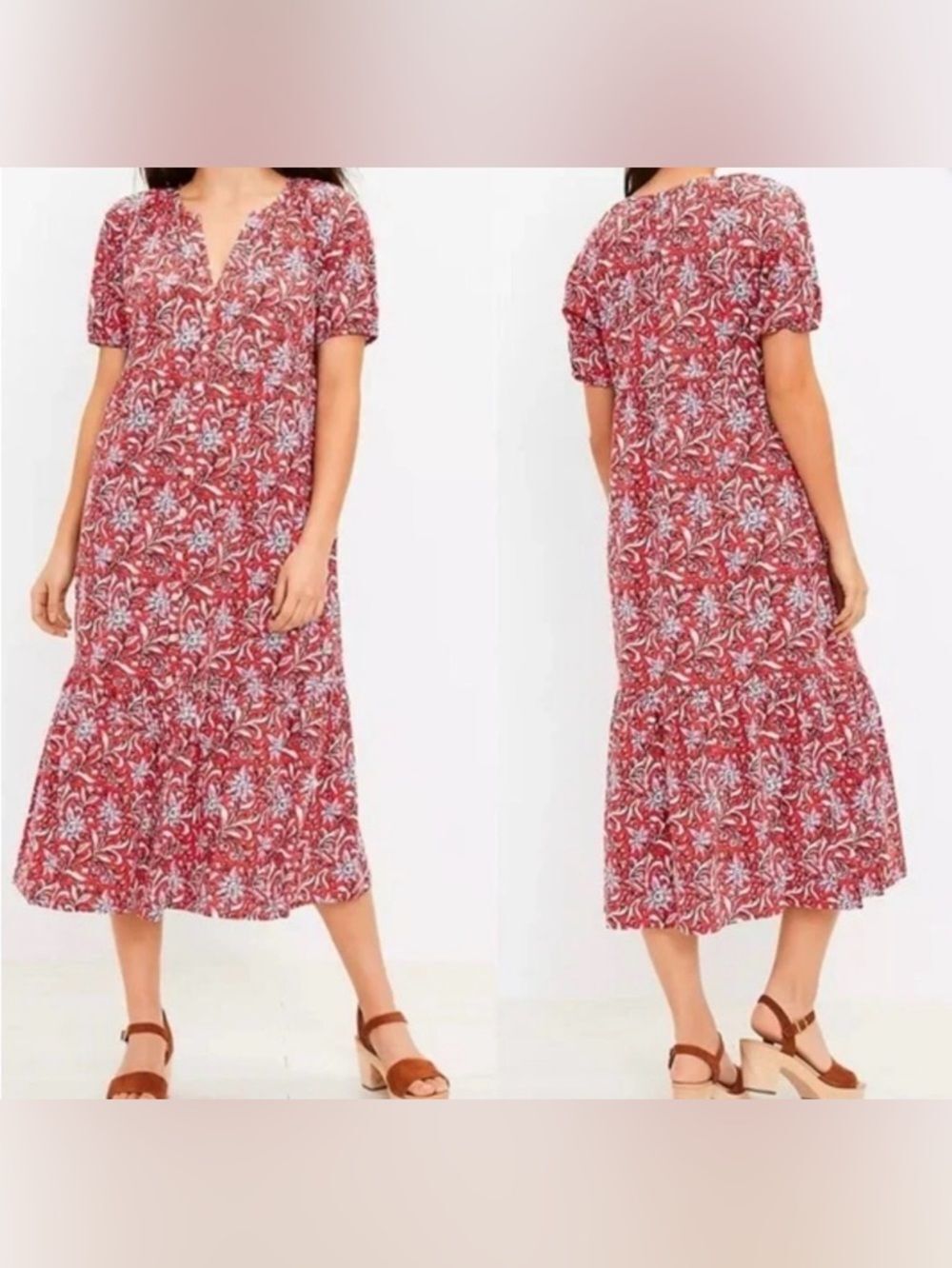 LOFT Red Pink Floral V-Neck Puff Sleeve Button Front Midi Dress Size S Petite